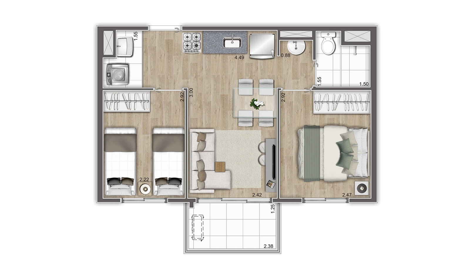 Planta 2 Dorms com Varanda